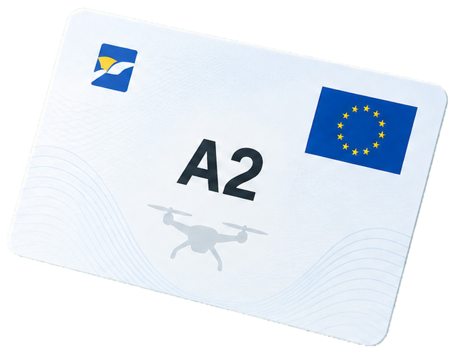 Het vliegbewijs als kaartje, met de EU-vlag en een drone erop.