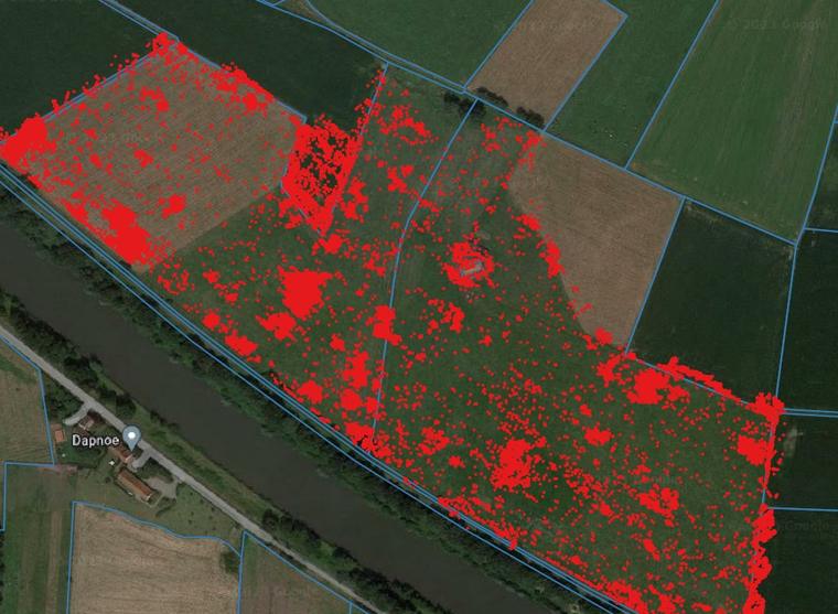 Een bemestingskaart met zones in kilogram per hectare.