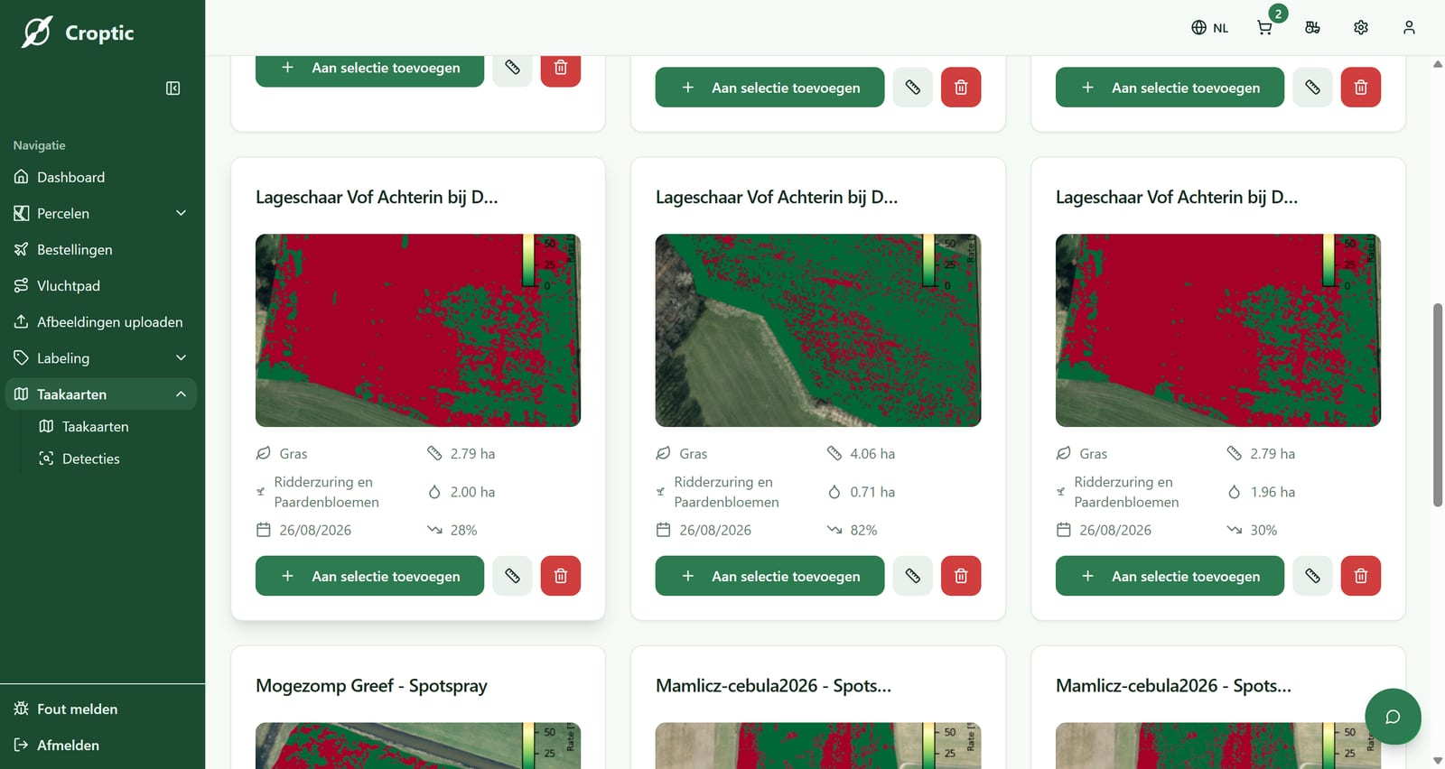 Overzicht van taakkaarten met de gedetecteerde onkruidzones per perceel