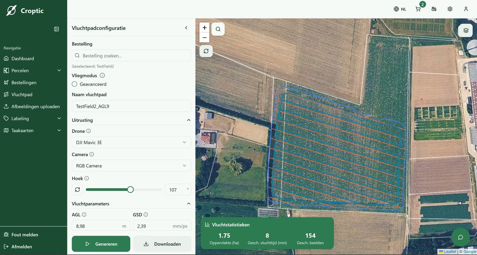 Vluchtpadconfiguratie met het gegenereerde vliegpatroon over een perceel